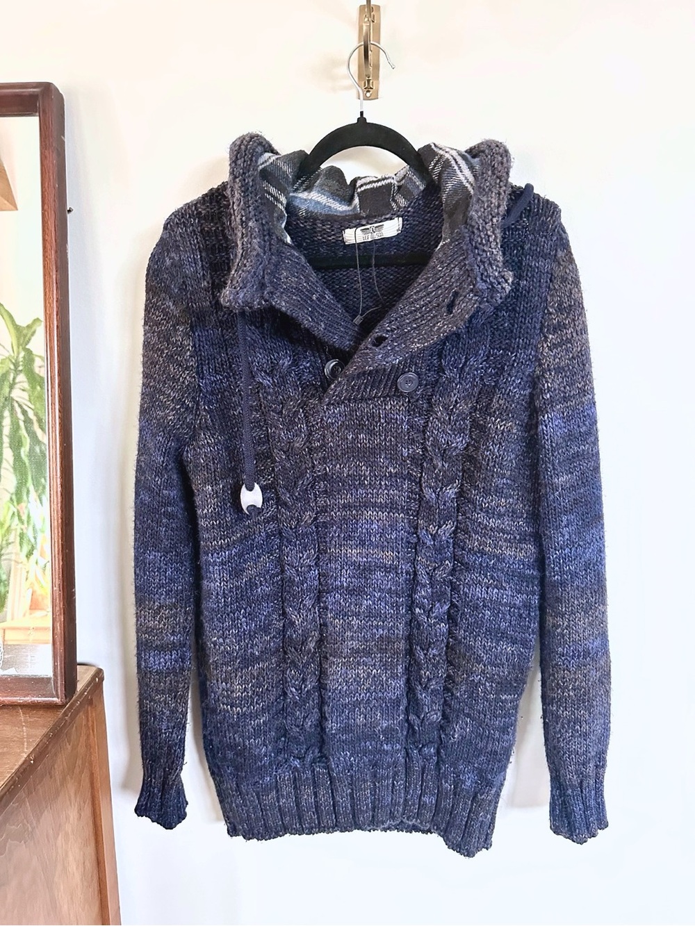 Leif Nelson Men’s XL Cable Knit Hooded Sweater Charcoal Gray Wool Blend